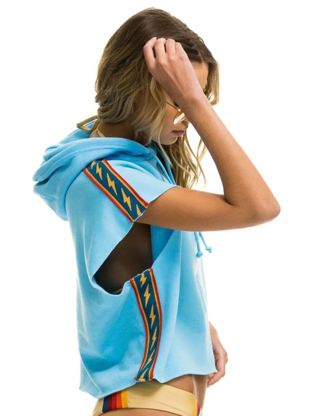 AVIATOR NATION - BOLT STRIPE SLEEVELESS RELAXED CROPPED PULLOVER HOODIE - SKY XS - Picture 4 of 12